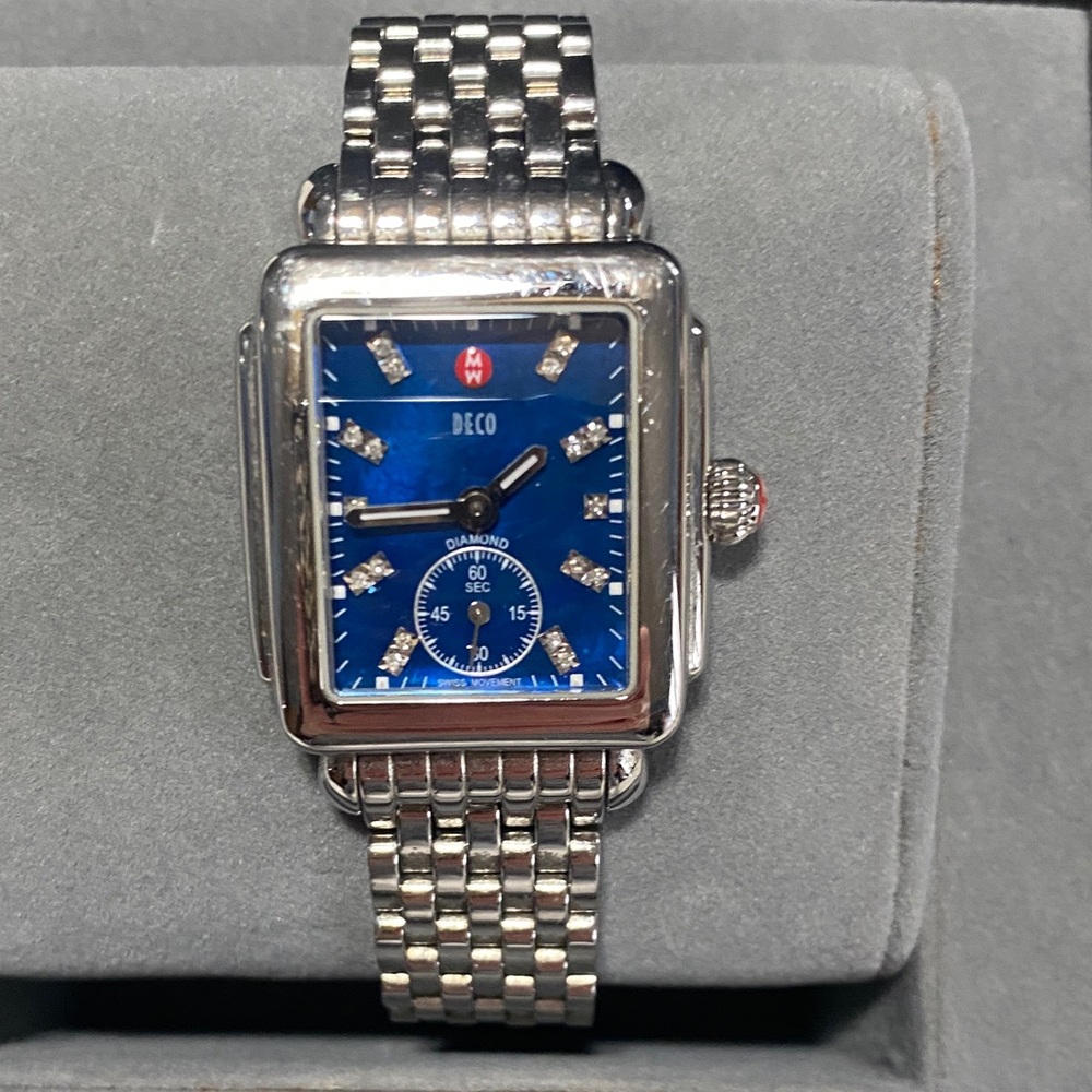 Michele Deco Blue and Silver Watch